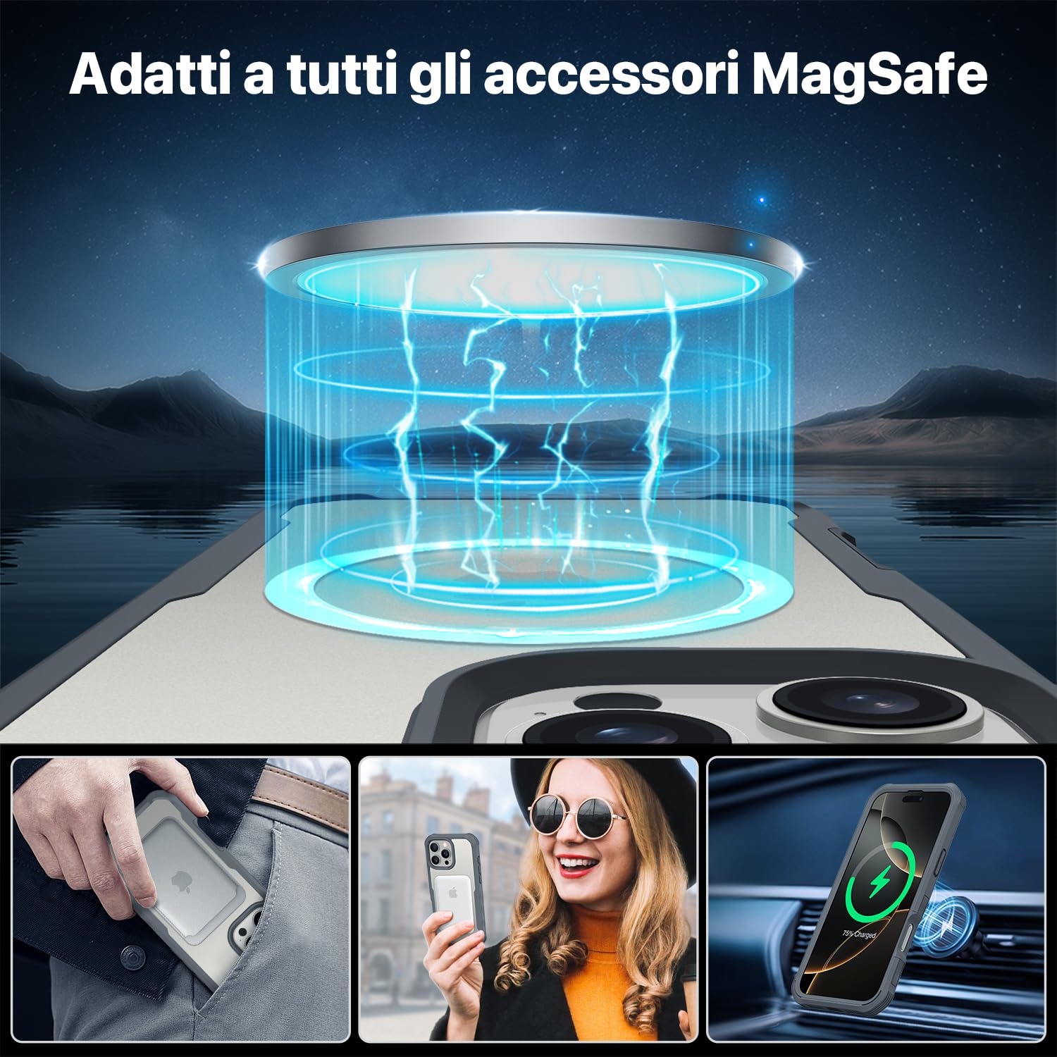 CENHUFO Magnetica Privacy Cover iPhone 16 Pro, Compatibile con Magsafe Integrata Vetro Temperato Anti Spia Schermo e Protezione Fotocamera Custodia Antiurto 360 Gradi Rugged Doppia Faccia Case -Grigio