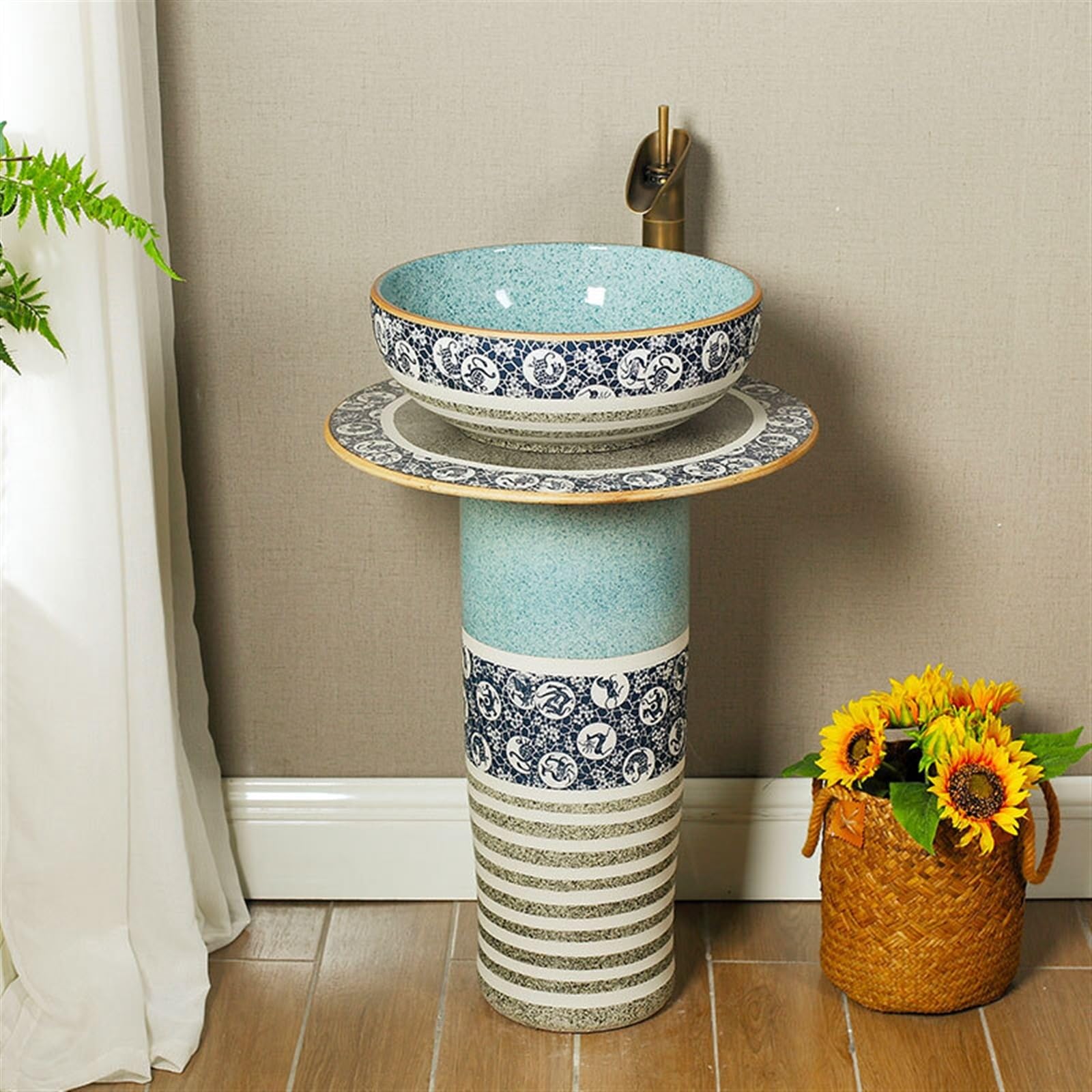 Zlewozmywak łazienkowy na cokole, retro i kreatywna ceramiczna umywalka kolumnowa, 3-częściowa umywalka łazienkowa z podstawą, umywalka podłogowa z kranami, zestaw s(B)
