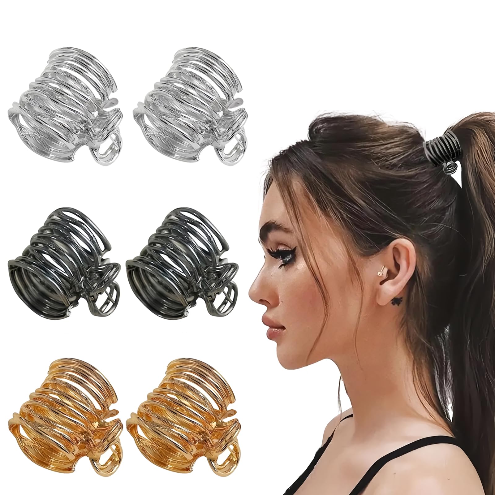 6 PCS Clips de Metal para Coleta Altas, Pinzas para el Pelo de Garra Pequeñas, Clip para Cola de Caballo Decorativa, Horquillas para Cola de Caballo Antideslizantes Mujeres y Niñas (Oro/Plata/Negro)