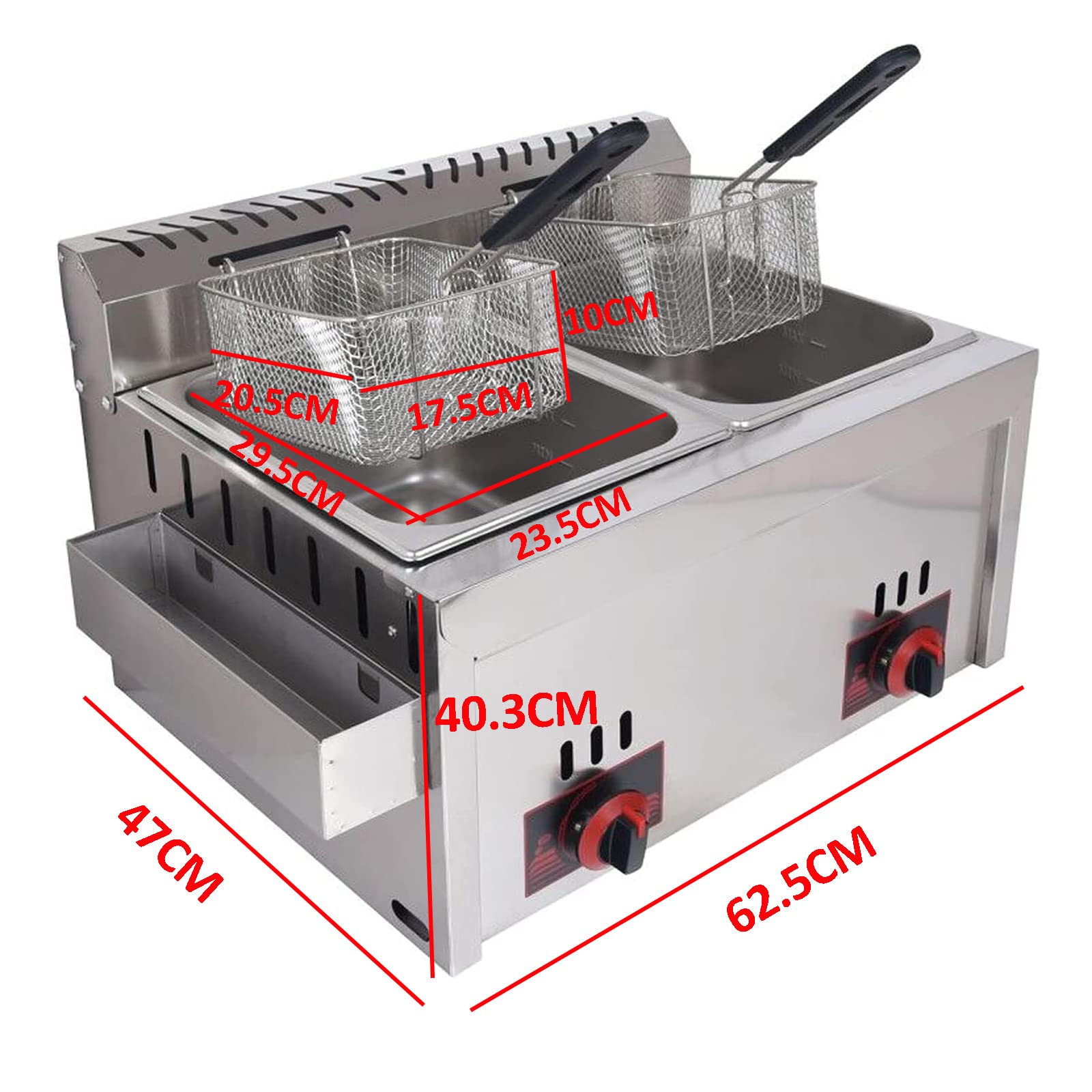 Freidora profesional de gas 10 x 2 con tanque de condimento de acero inoxidable, ideal para patatas fritas comerciales en restaurante familiar, 2 cestas para una cocción eficaz