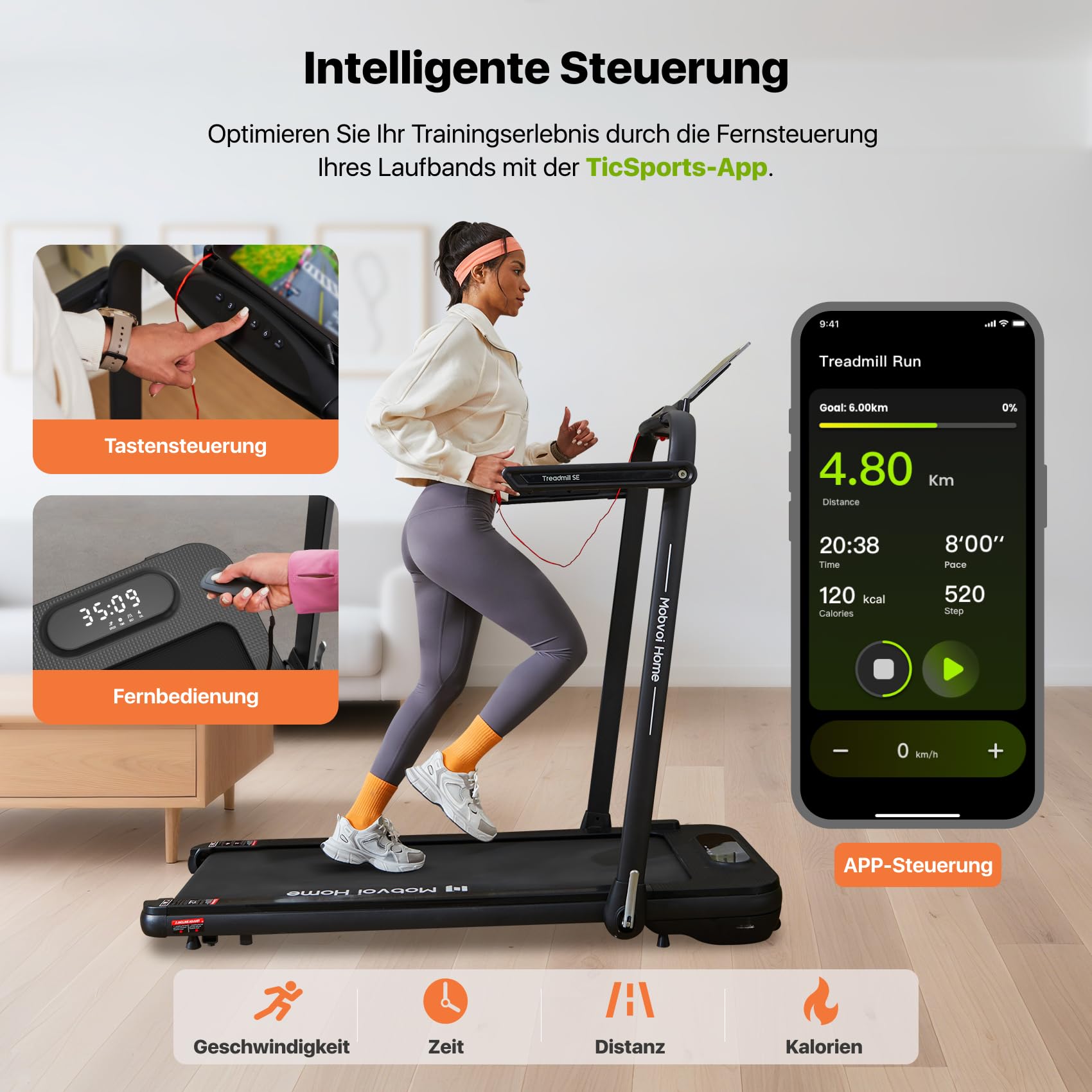 Mobvoi Home Laufband SE, Intelligente KI 3-in-1-Klapplaufband, elektrisches Laufband, 2,5 PS, kompakt tragbar unter dem Schreibtisch, 12 km/h, Fernbedienung, platzsparend, TicSports APP, 120 kg