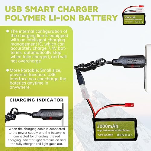 Miniatura 3 de Fytoo Batería de iones de litio de 7.4 V 3000 mAh 15C 2S con enchufe JST-2P con cable de carga USB para UDIRC UD1601 UD1602 SG1603 RC Car 110, 112,