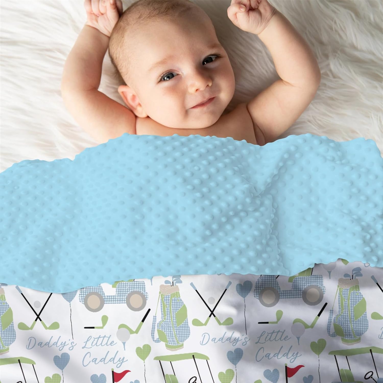 Mink Baby Boys Blankets Blue Gingham Golfing, Cute Golf Daddy's Little Caddy Soft Double Layer Dotted Backing Receiving Swaddle, Newborn Infant Toddler Nursery Crib Bedding Shower Gift 30 x 40