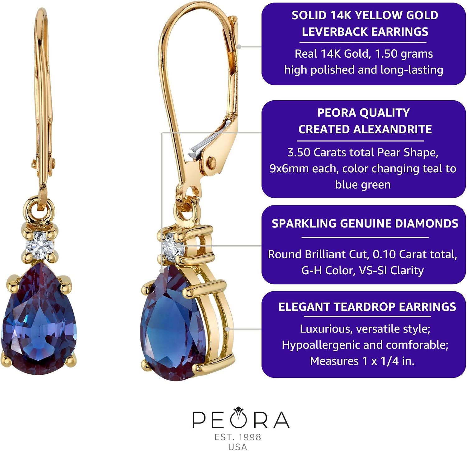 Peora 14K Yellow Gold Created Alexandrite and Genuine Diamond Teardrop Leverback Earrings for Women, 3.60 Carats total Pear Shape 9x6mm, Color Change Jewelry, June Birthstone