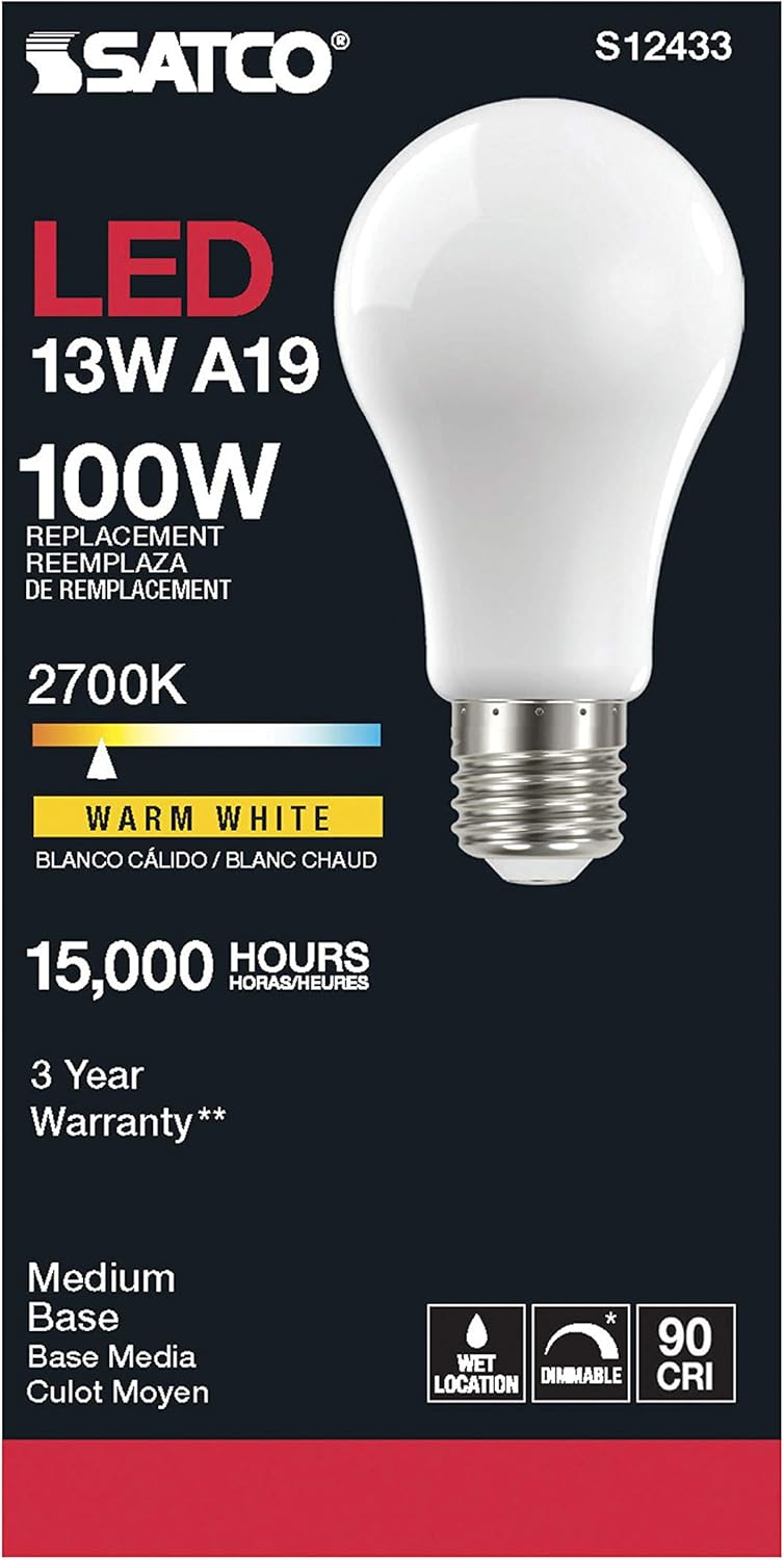 Satco (6 Pack) Dimmable Led Filament Lamps, S12433, High Lumens, 13.5 Watt, A19; Soft White; Medium Base; 2700K; 90 CRI; 120 Volt for use at Residential, Hospitality, Display and Commercial