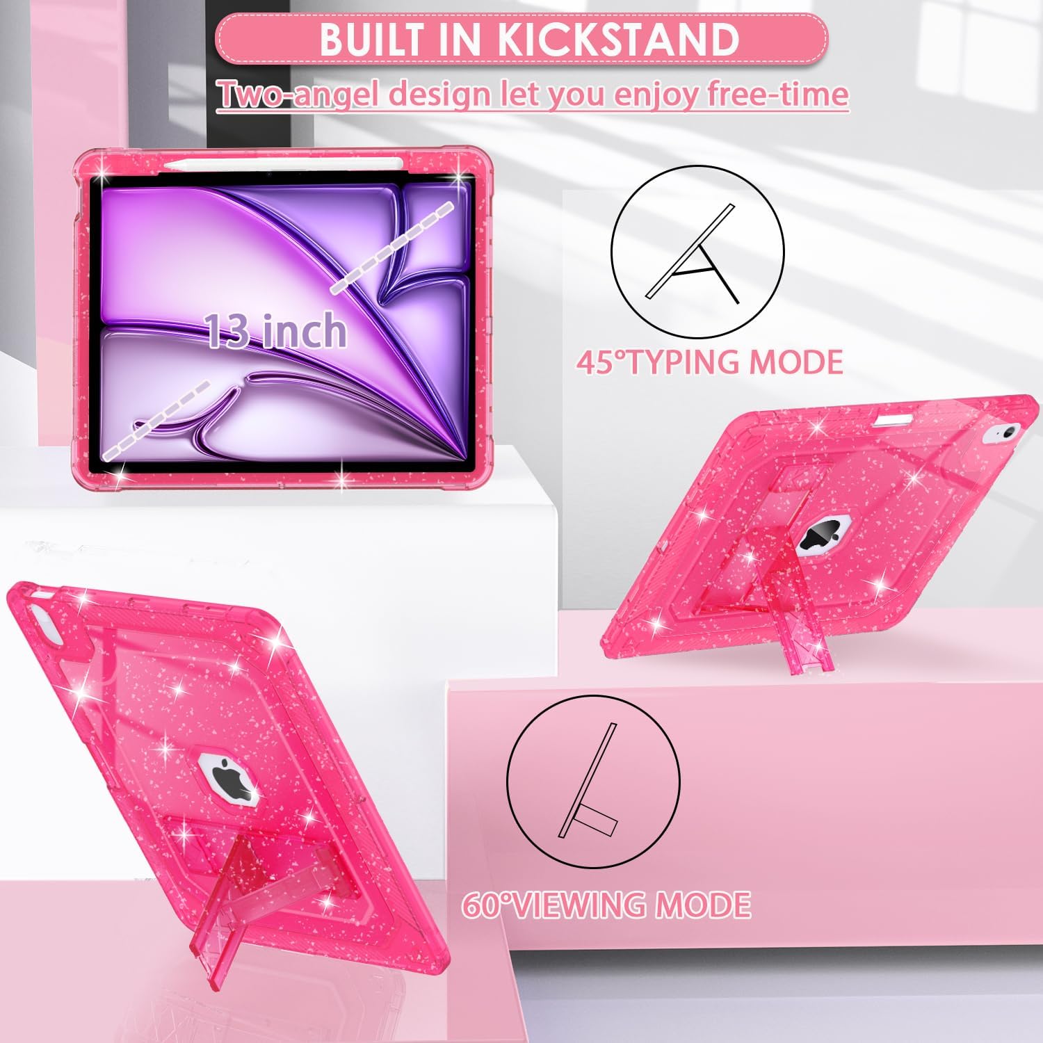 for iPad Air M3 13 Inch Case 2025, for iPad Air M2 13-inch 6th Gen 2024 Glitter Slim Cover with Pencil Holder Heavy Duty Shockproof Hard Protective Case with Kickstand, Hot Pink - Image 4