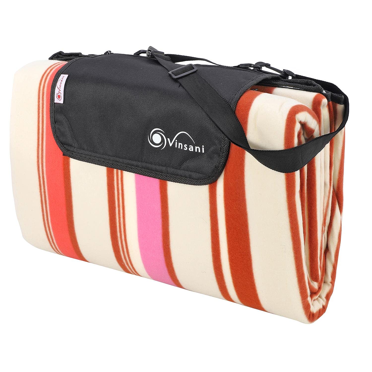 Vinsani Foldable Picnic Blanket 260 x 220 cm - Anti-Slip, Durable Waterproof & Sand Proof Outdoor Rug Mat for Camping, Beach, Hiking, Park & Garden, Easy to Carry, Machine Washable | Pink Stripe