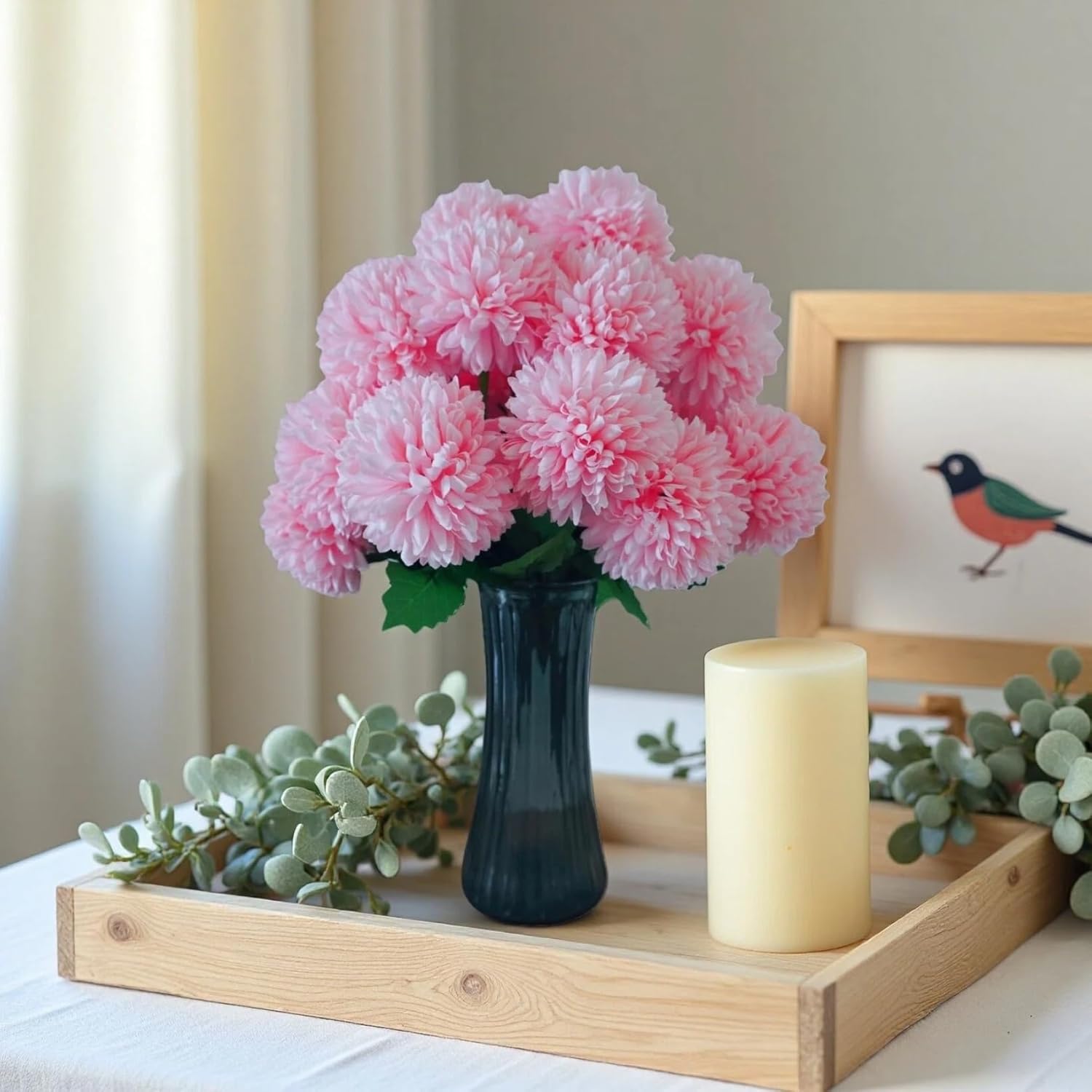 Artificial Kiku Flowers, Artificial Chrysanthemum Ball, 18 Heads Pink Silk Mums Stems, 15.5 Inch, Indoor Floral Arrangement for Home Decor, Living Room, Vase Centerpiece (Pink)