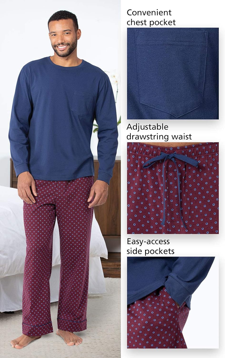 PajamaGram Men Pajamas Sets - Cozy 100% Cotton Pajamas for Men, Knit Long Sleeve Pajama Set for Men, Pijamas Para Hombres