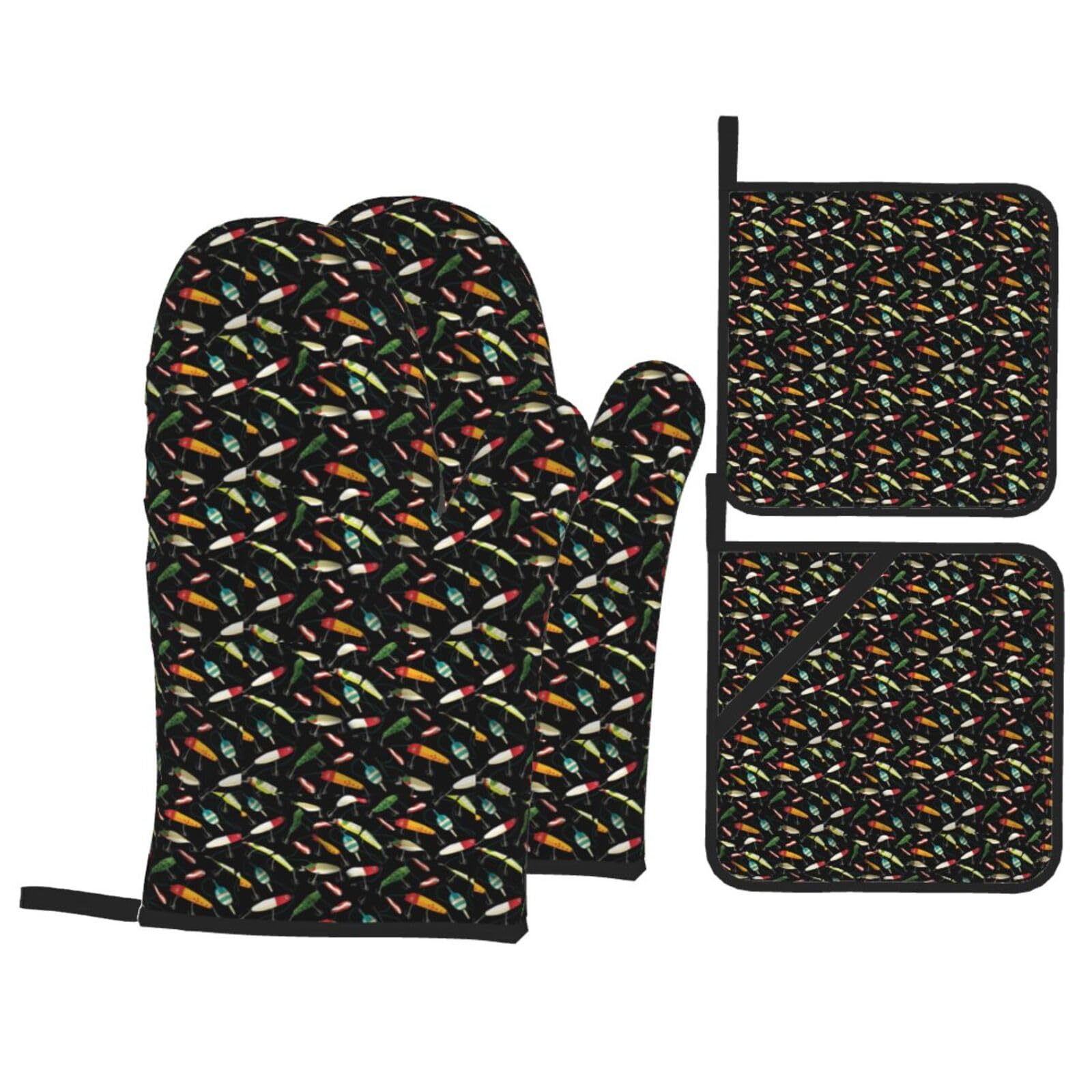 Fishing Lure Print Stylish Heat-Resistant Oven 4-Piece Set Kitchen Gloves Roasting Daily Cooking
