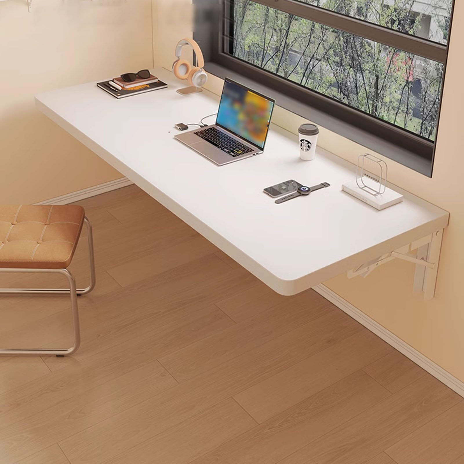 Bureau d'ordinateur pliable en bois blanc 120 x 60 cm avec supports métalliques renforcés