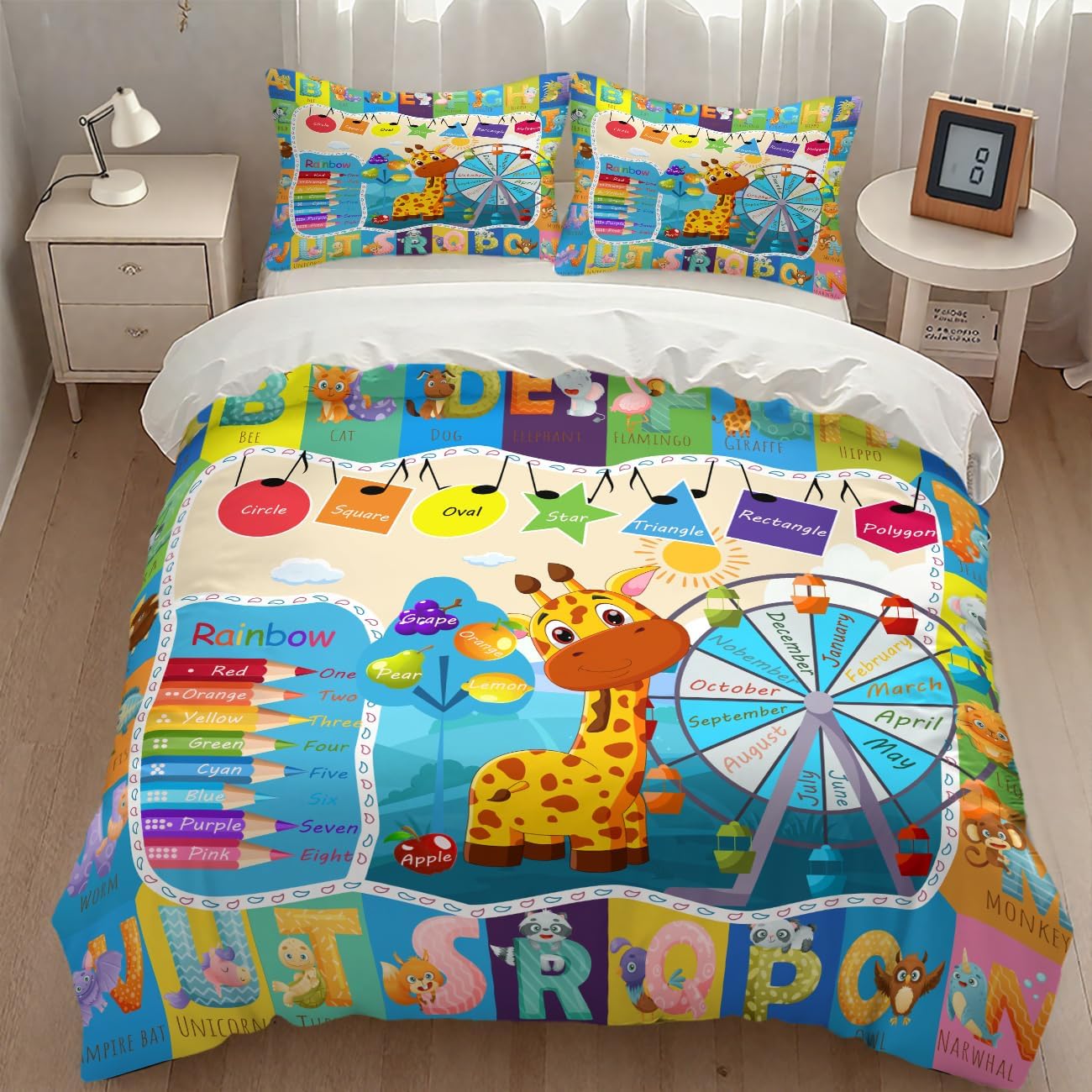 ABC Alphabet Bedding Duvet Cover Set,Rustic Green Eucalyptus Leaves Plant Funny Education Learning Tools Toddler Baby Alphabet Theme Comforter Set with Pillowcase for Bedroom Bed Decor,Twin 86"x70"