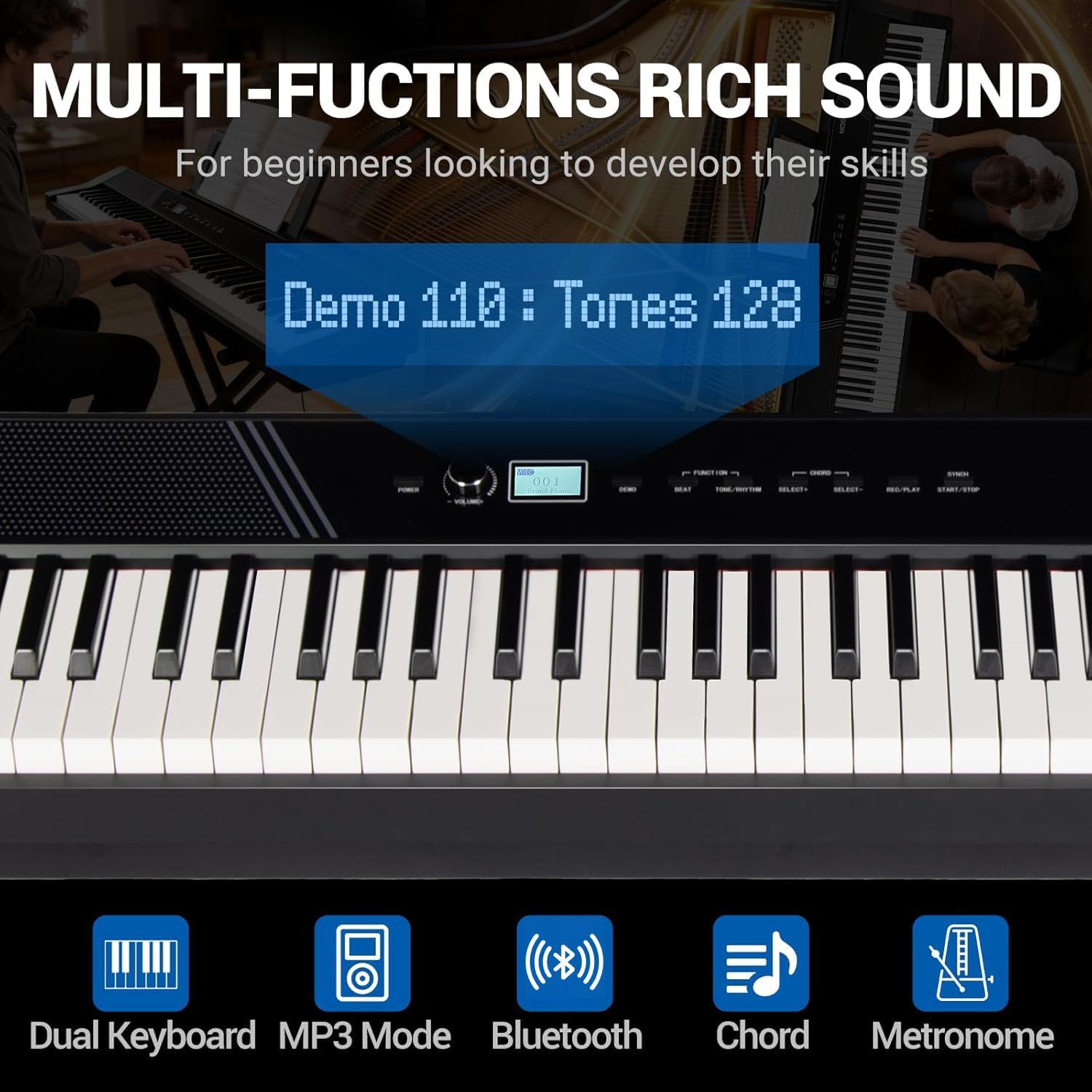 MOSEN Beginner Digital Piano 88 Keys Weighted, Portable Electric Piano Set with Full Size Keyboard, Triple Sustain Pedal, Stable Dual X Stand, USB-MIDI, Keyboard Stickers, for Beginners Adults