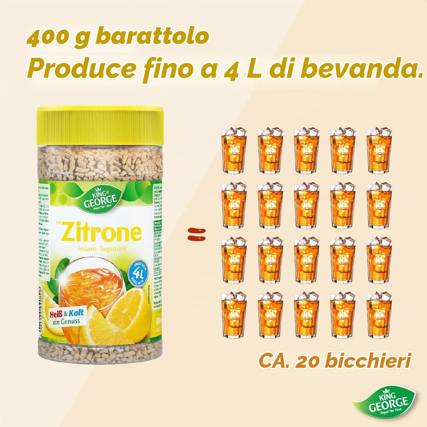 King George - Bevanda da tè istantanea al limone, 12 x 400 g, al limone, agli agrumi, con vitamina C, confezione risparmio per le briciole, per l'estate, le feste