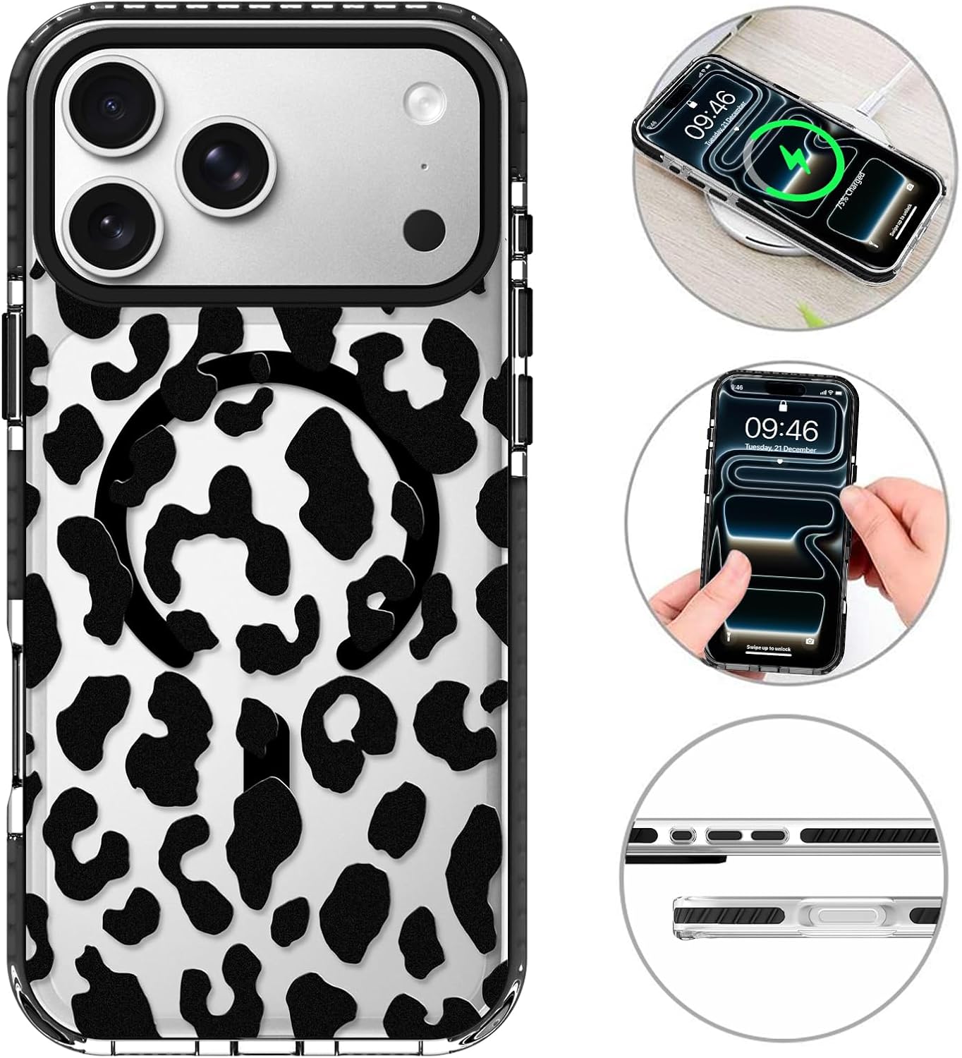 MZELQ Clear Magnetic Case Designed for iPhone 17 Pro Max 6.9 in, Cute Leopard Cheetah Pattern, Compatible with Magsafe, Slim Crystal Transparent Hard Back Protection Cover for Women Men, Black