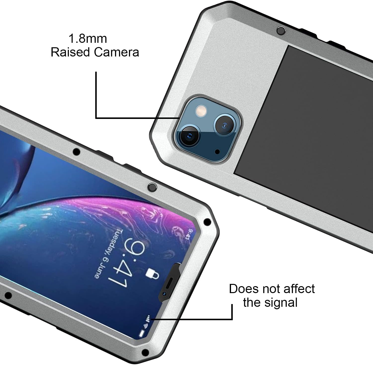 Marrkey for iPhone 13 Case, 360 Full Body Protective Cover Heavy Duty Shockproof Tough Armour Aluminum Metal Case with Silicone Built-in Screen Protector for Apple iPhone 13 6.1 Inch - Silver