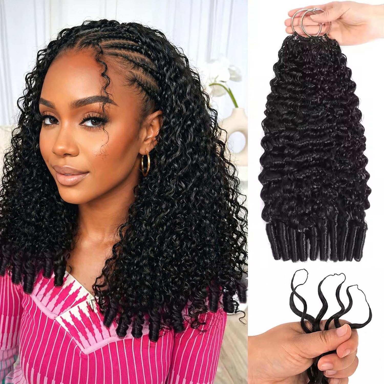 Feather Crochet Human Hair for Black Women Burmese Curly Mircle Knots Crochet Human Hair 22 Inch 100g Pre-Separated Miracle Knots Hair Wet and Wavy Knotless Crochet Hair Extensions Kit Natural Black