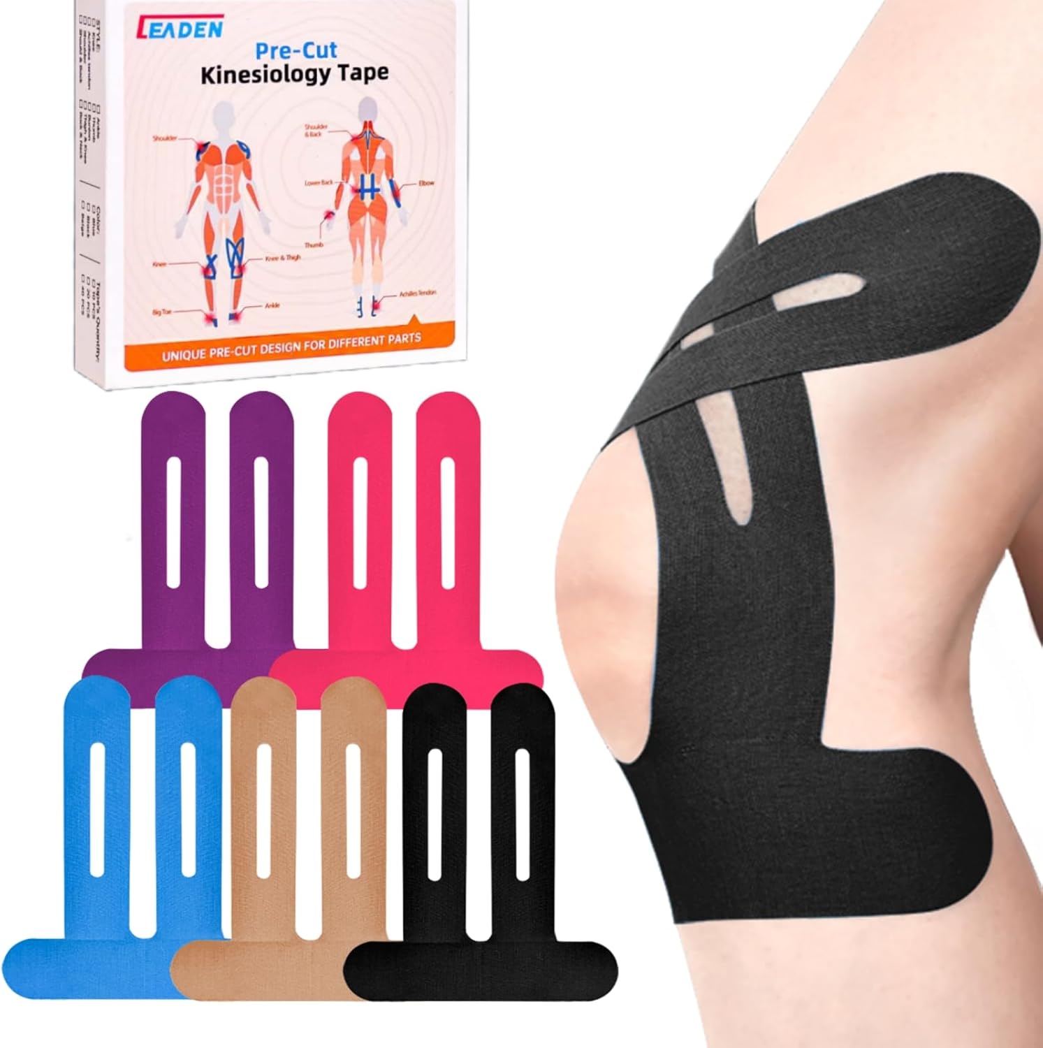 IEADEN Precut Kinesiology Tape for Knees, 10 Pcs, 5 Colors - Knee Support & Stability, Knee Pain Relief Athletic Tape - Waterproof & Elastic, Breathable Hypoallergenic Latex-Free Tape Multi-color