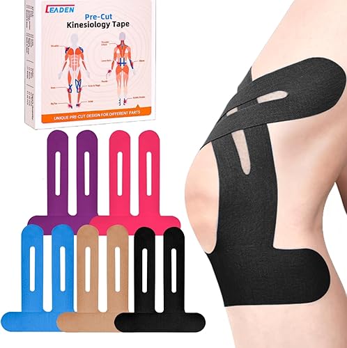 Miniatura 17 de IEADEN Cinta de kinesiología precortada para rodillas, 10 unidades, soporte y estabilidad de rodilla, cinta atlética para aliviar el dolor de Negro