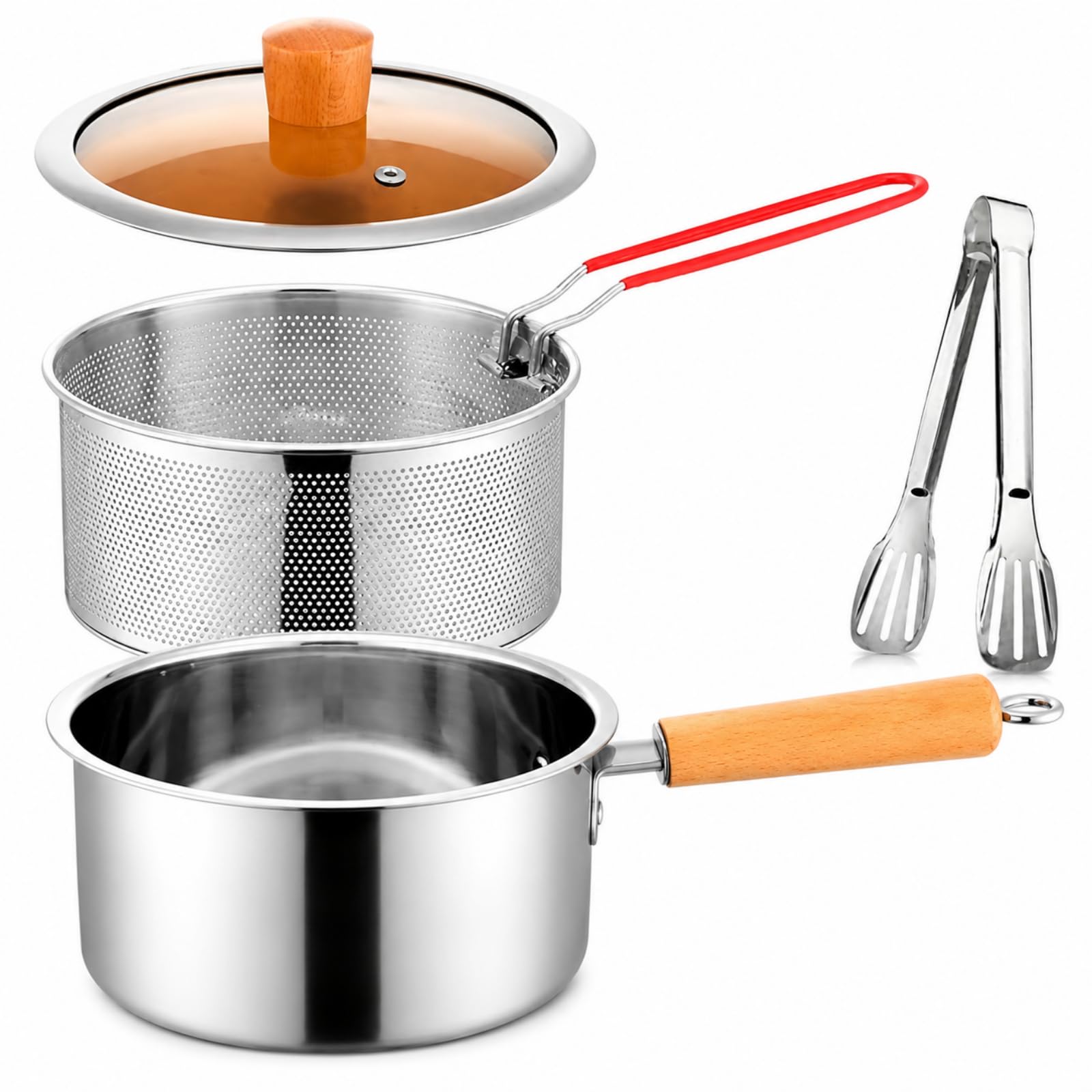 Pentola Frittura Multifunzionale Acciaio Inox 304 con Cestello, Coperchio, Pinza, Friggitrice Profonda Cucina, Padella Patatine Pesce Pollo Gamberi, Contenitore Olio Riutilizzabile (1pcs-a)