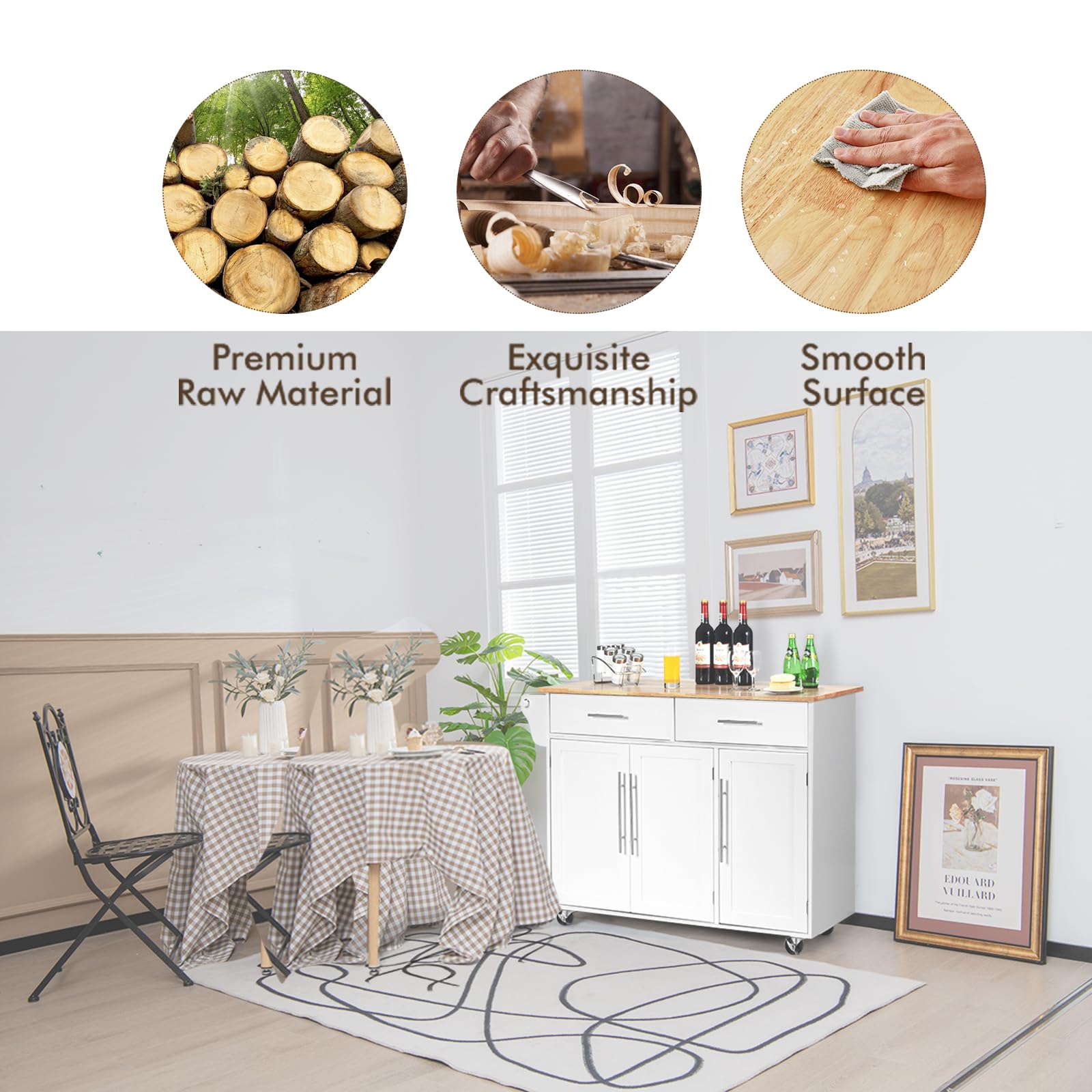 KOMFOTTEU Carrito de Cocina con Ruedas, Carro de Servicio con Encimera de Madera de Caucho, Isla de Cocina con Cajones, Toallero y Estantes Ajustables, Carrito Auxiliar, 122 x 46 x 92 cm (Blanco)