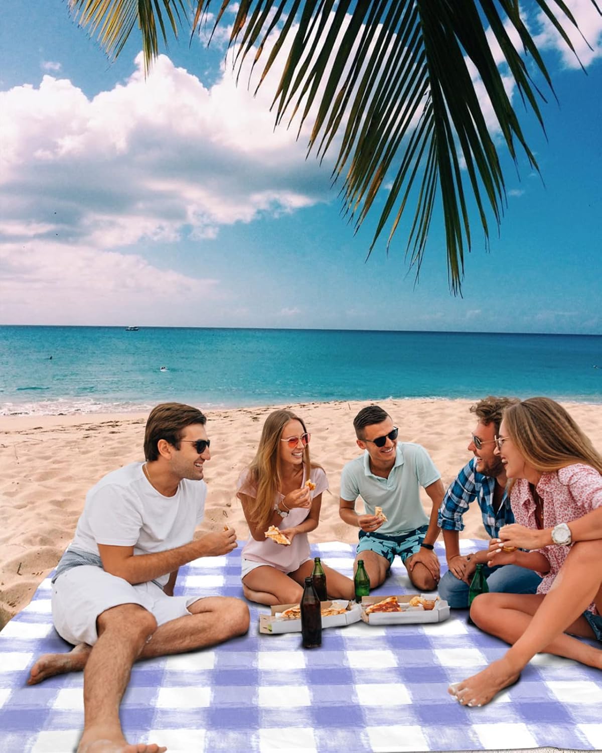 Pastoral Farm Style Purple White Buffalo Check Beach Blanket Waterproof Sandproof Outdoor Picnic Mat 83"x79" Classic Lattice Lightweight Large Beaach Blankets with 4 Stake & 4 Corner Pockets