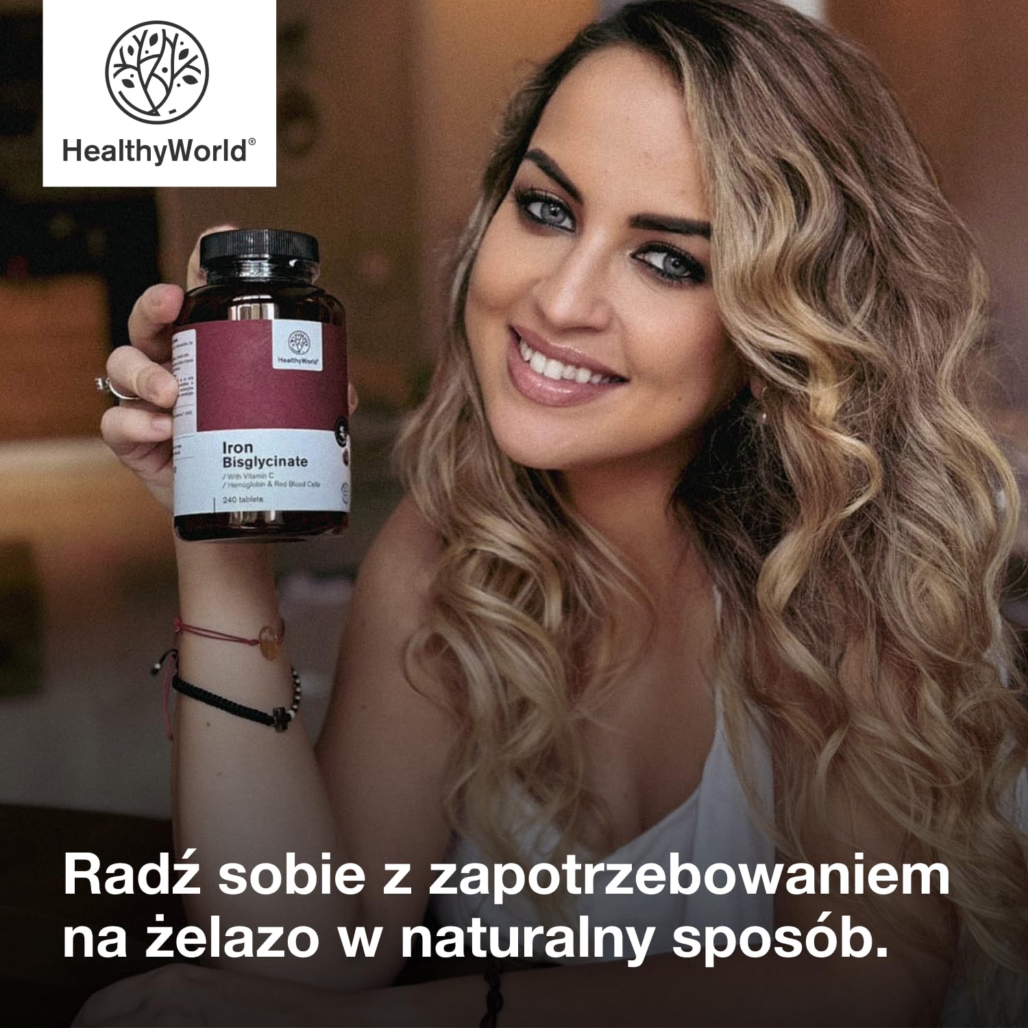 HealthyWorld Diglicynian żelaza 40 mg - Z Witaminą C - 240 Tabletek - 8-miesięczny Zapas - Bez GMO i Bez Sztucznych Barwników - 40 mg Żelaza, 40 mg Witaminy C - Najlepsza Jakość