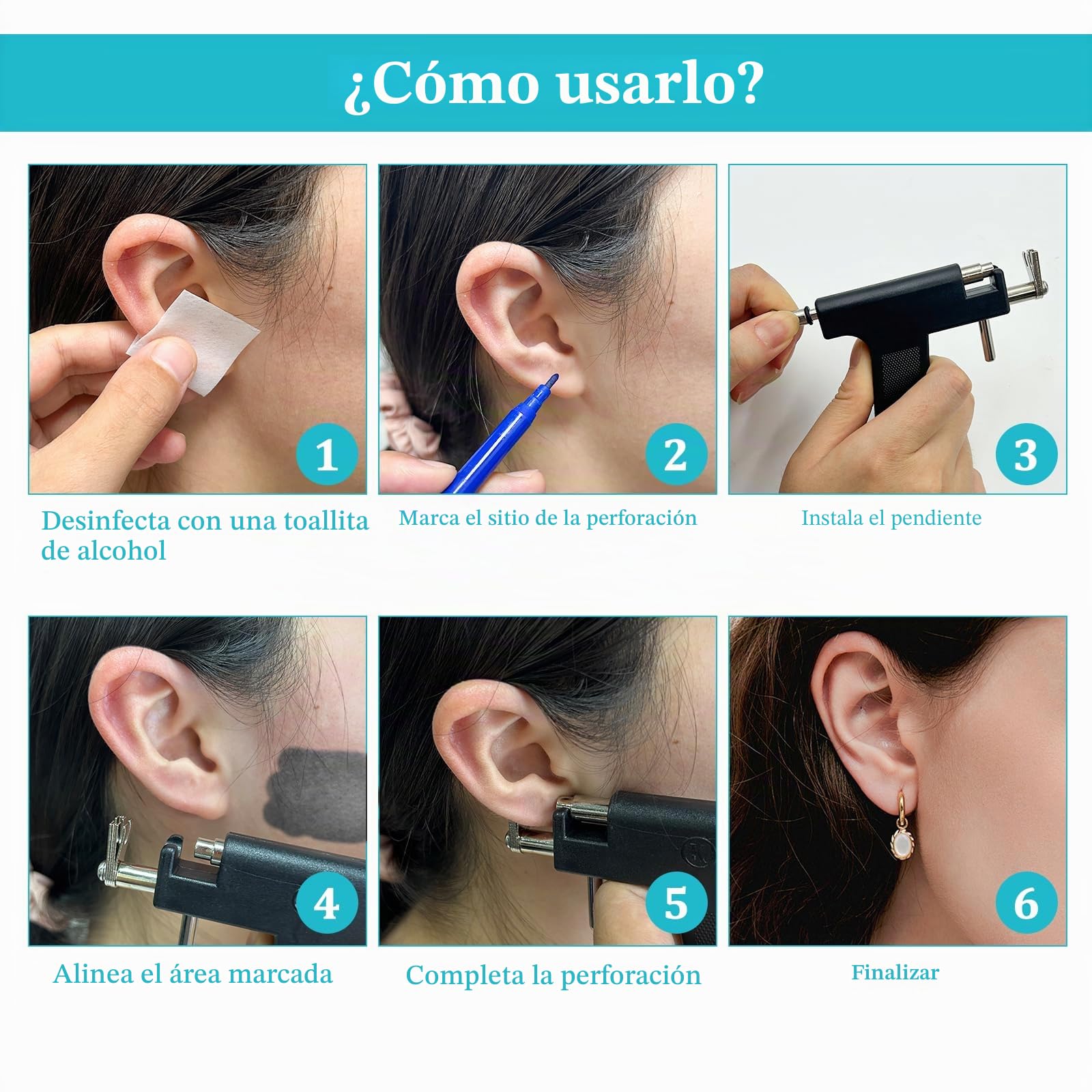 Pistola de Pendientes de Acero Inoxidable con 98 Perforadoras, 12 Pendientes, 20 Algodón Alcohol, Piercing para Labios Ombligo Nariz Cuerpo