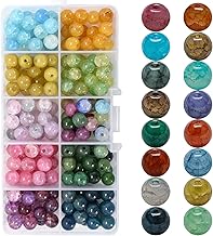 DEARBAG Pack of 200 Crackle Glass Beads, 8 mm Round Colourful Beads with Hole for Crafts, Gemstone Bracelet, Craft Beads, Gemstones for Jewellery Making and DIY Crafts Decor Earrings, 10 Colours