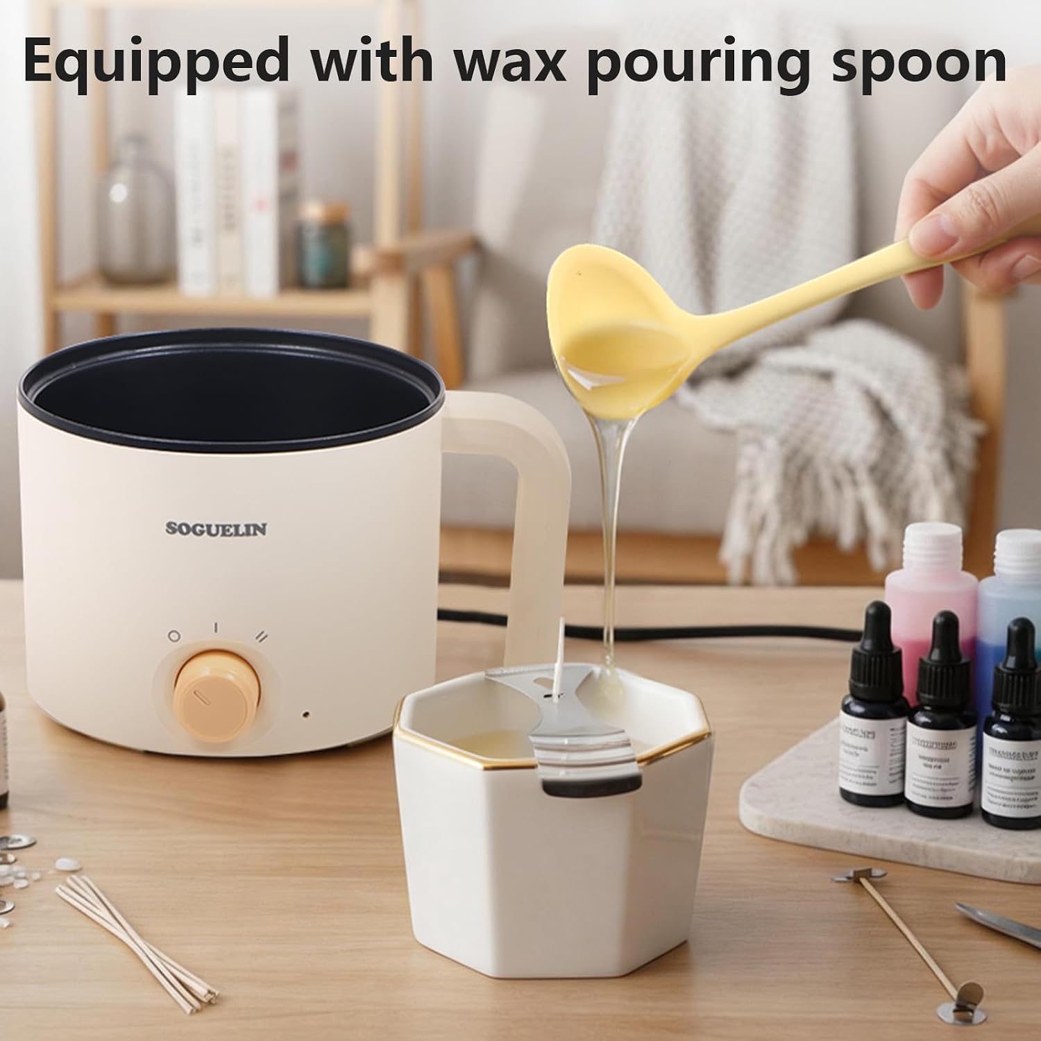 SOGUELIN Candle Wax Melter, 1.5L Electric Wax Melting Pot with Stirring Spoon, Easy to Clean Candle Making Pot for Beginners Home DIY, Ideal for Candle Makers Includes Thermometer