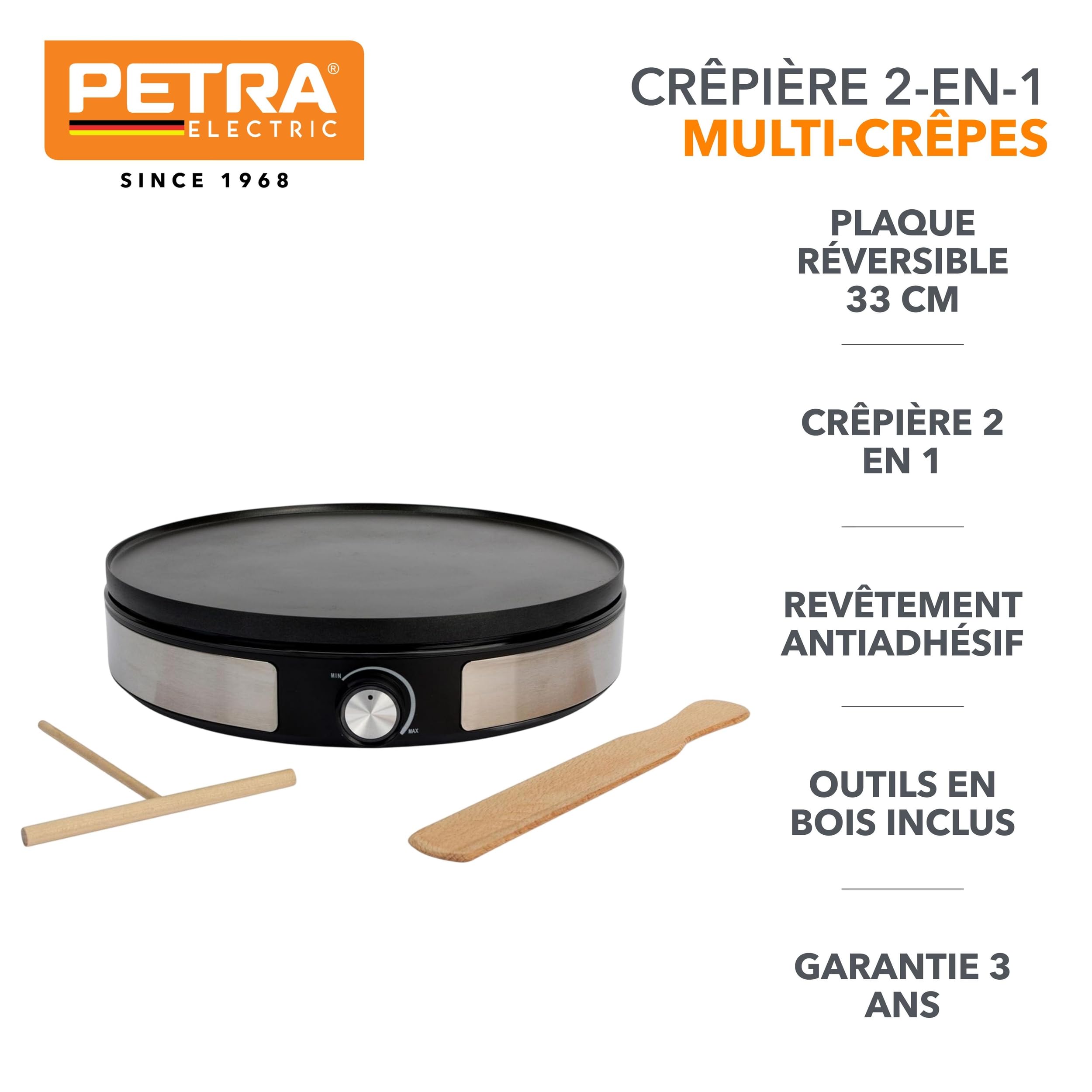 Petra Crêpière Électrique 2 en 1 1500W, Grande Plaque 33cm Réversible pour 1 Grande Crêpe ou 7 Mini Crêpes, Machine à Crêpes Antiadhésive avec Accessoires en Bois, Garantie 3 Ans