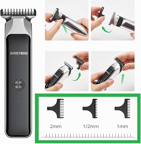 BarberBoss Rasoio portatile per barba e capelli, tagliacapelli professionale per uomo, ricaricabile via USB, luce rossa/verde, lama in acciaio inossidabile, QR-2090 - 6