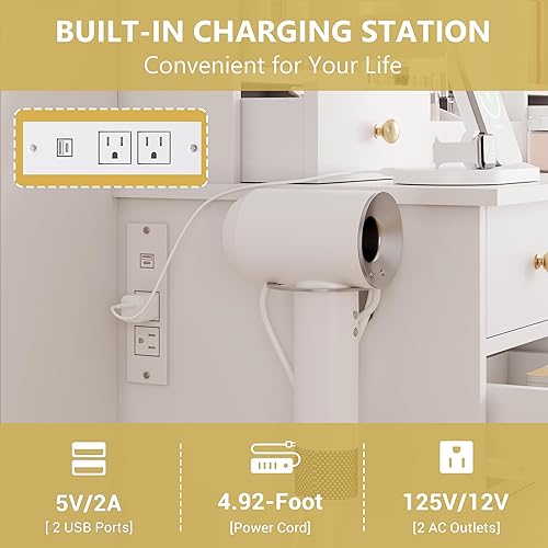 Miniatura 5 de Escritorio de tocador de maquillaje con espejo y luces, juego de mesa blanca con cajones de almacenamiento, estación de carga y gabinetes, tocador