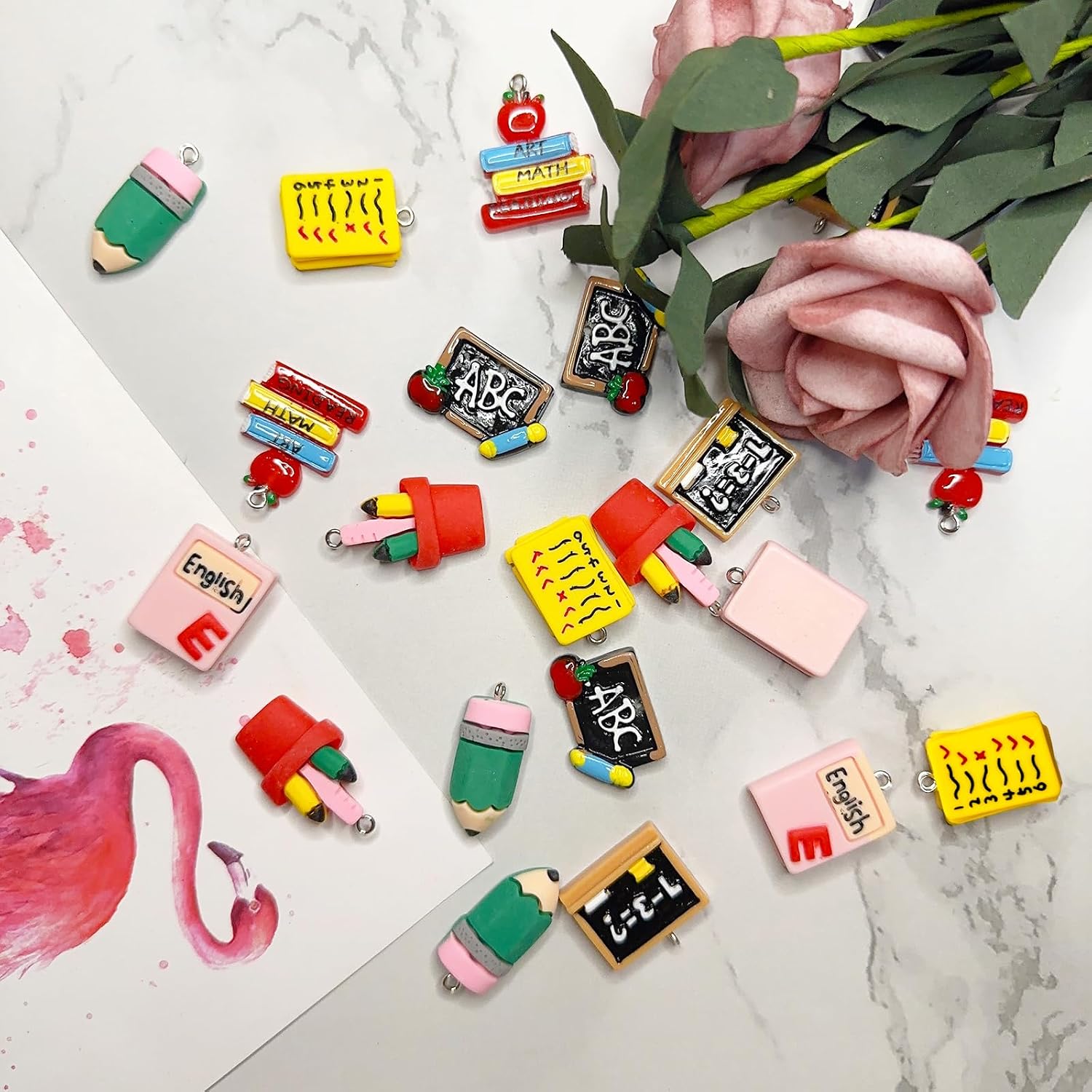 Teacher Charms for Jewelry Making, 28PCS Resin School Book Crayon Charms Student Pencil Blackboard Jewelry Charms Pendants, 7 Styles image 5