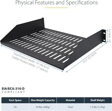 StarTech 2U Vented Server Rack Shelf, 16in, 44lb (CABSHELFV2U-16-RACK)