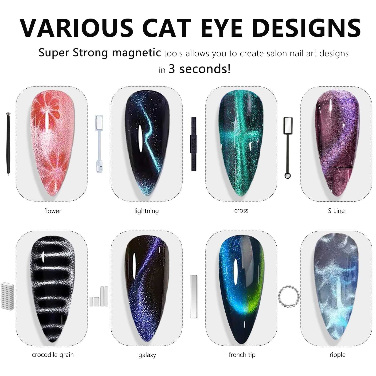Lot de 46 aimants pour ongles œil de chat, aimants en forme de cœur pour ongles, bâton magnétique à double tête, perles magnétiques rondes, aimants en gel œil-de-chat pour femme