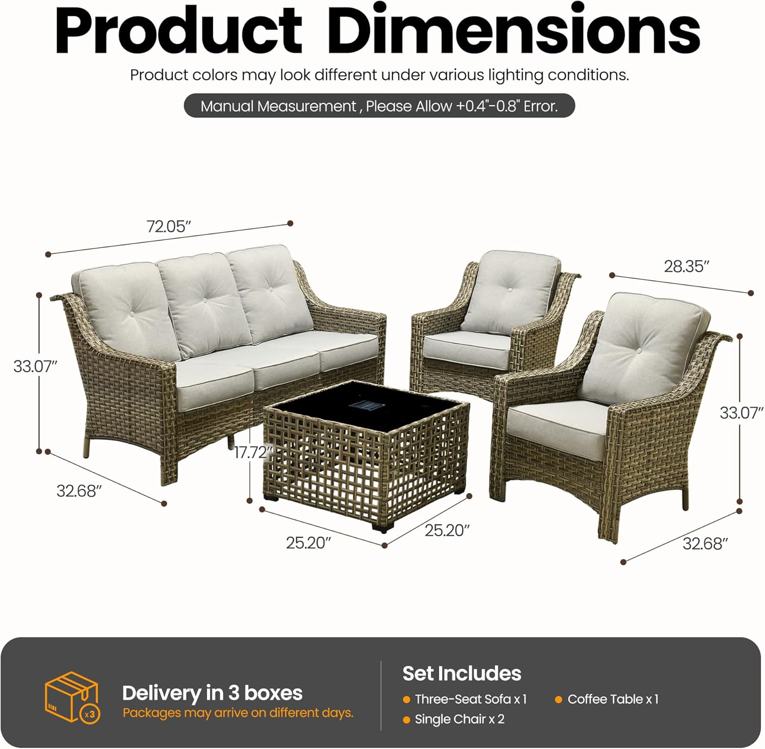 4 PCS Patio Conversation Set, All-Weather High Back Wicker Outdoor Patio Furniture Sets with Two Single Chairs, Solar Light Coffee Table,Outside Furniture for Porch Backyard Balcony,Light Grey