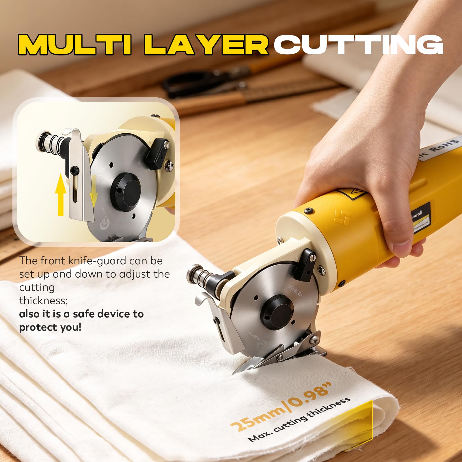 CGOLDENWALL Elektrischer Stoffschneider YJ-70A, 70mm Klinge, Textil Leder | 2400RPM, 25mm Max Schnittdicke, Automatisches Schaerfen, Ersatzklinge, 220V