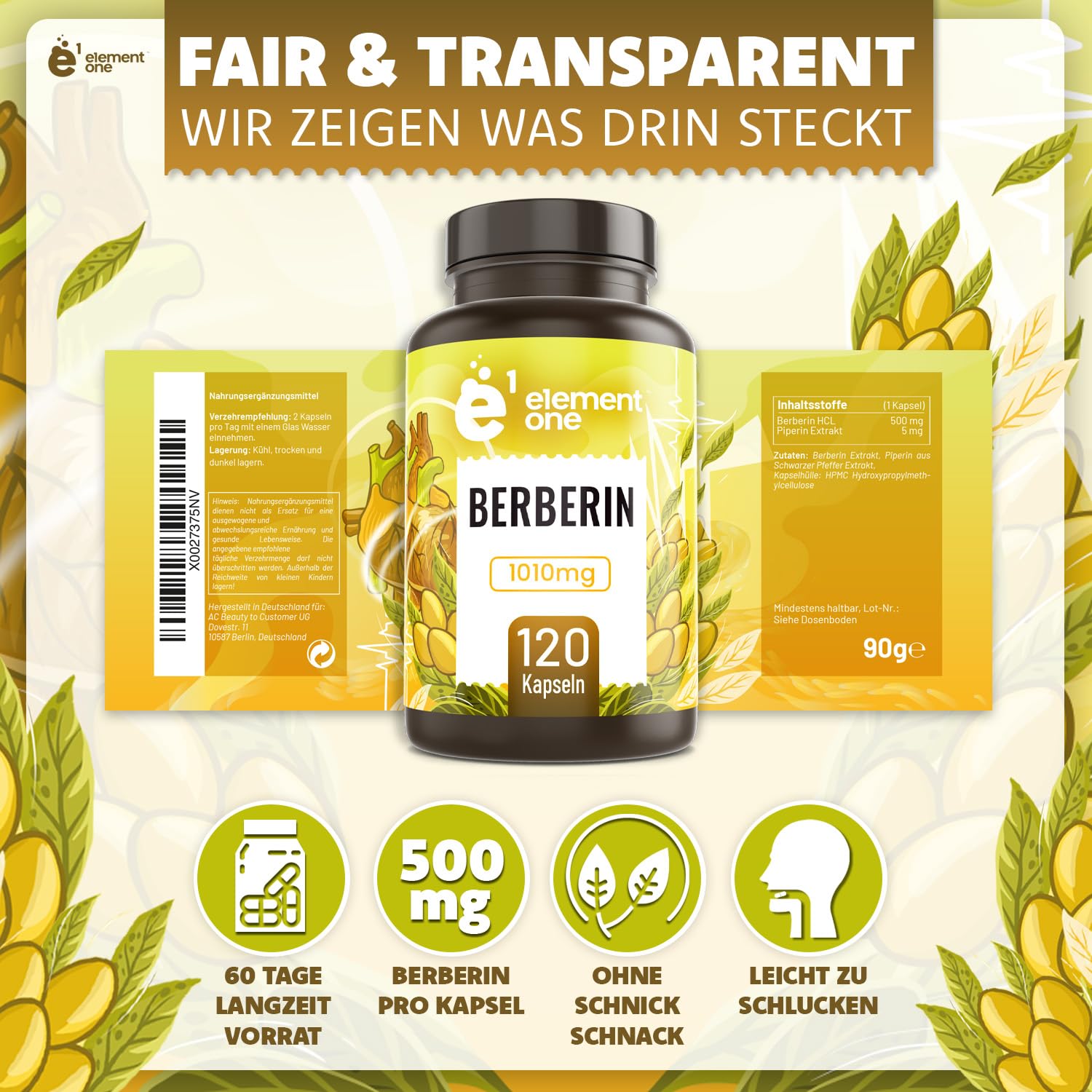 Element One Berberine HCL 500mg + 5mg Piperin, 120 Kapseln Berberin Extrakt - Optimale Bioverfügbarkeit - Berberin-Komplex