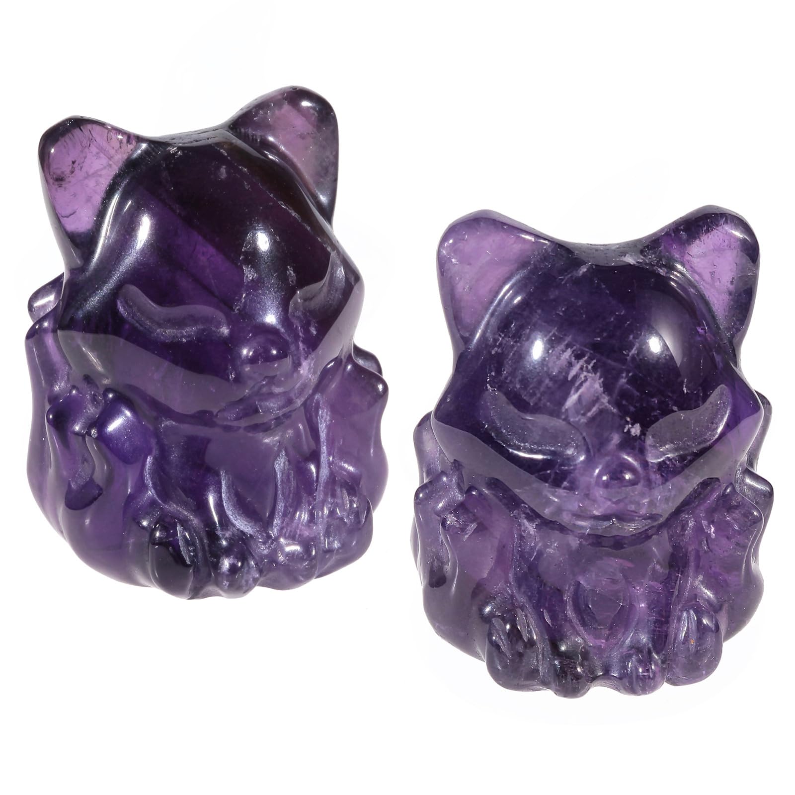 Nupuyai 2pcs Fox Mini Amethyst Crystal Stone Statue Carved Animal Figure