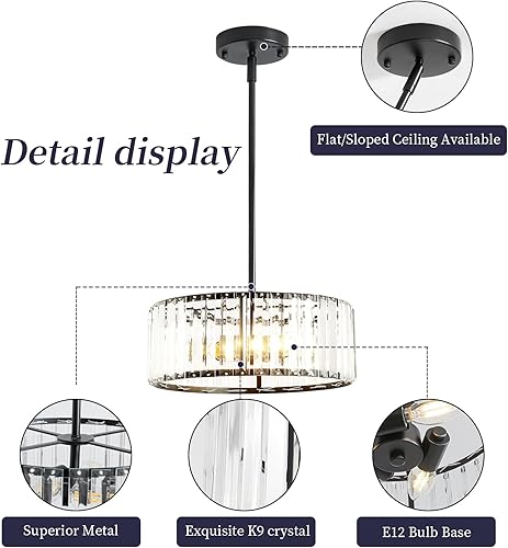 Miniatura 6 de Candelabro moderno de cristal negro, pequeño candelabro de techo semiempotrado, 3 luces, accesorios de iluminación colgantes redondos para pasillo,