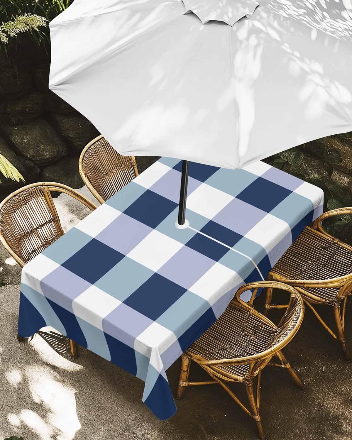 White Blue Geometric Checker Outdoor Rectangle Tablecloth Zippered Table Cover with Umbrella Hole,Marine Plaid Simple Gingham Waterproof Table Cloths for Patio Garden Picnic Tables,60x102in