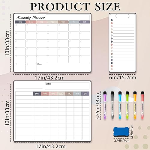 Miniatura 3 de Juego de calendario mensual de 3 piezas de tabla magnética de tareas, 13 x 17 pulgadas, tablero de tareas de borrado en seco para nevera con pizarra