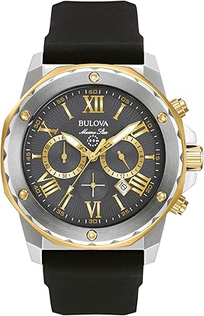 Bulova Men's Marine Star Series A Two-Tone Gold Ion-Plated Stainless Steel 6-Hand Chronograph Quartz Watch, Black Silicone Strap, 44mm Style: 98B277