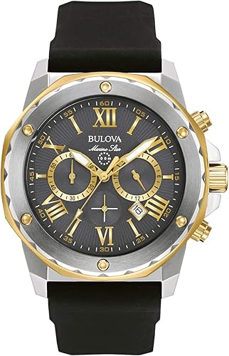 Bulova Men's Marine Star Series A Two-Tone Gold Ion-Plated Stainless Steel 6-Hand Chronograph Quartz Watch, Black Silicone Strap, 44mm Style: 98B277