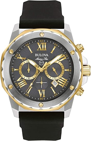 Bulova Men's Marine Star Series A Two-Tone Gold Ion-Plated Stainless Steel 6-Hand Chronograph Quartz Watch, Black Silicone Strap, 44mm Style: 98B277