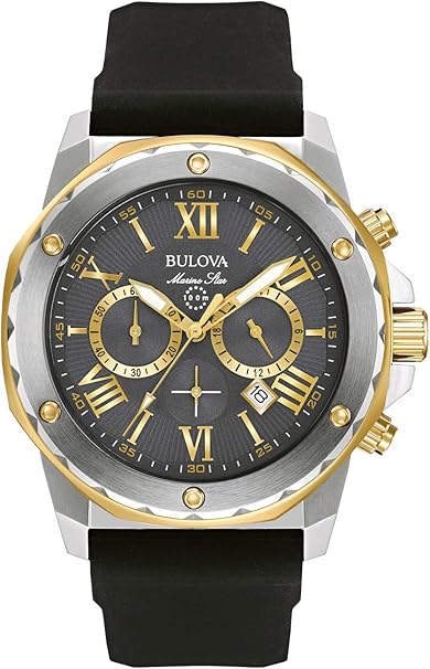 Bulova Men's Marine Star Series A Two-Tone Gold Ion-Plated Stainless Steel 6-Hand Chronograph Quartz Watch, Black Silicone Strap, 44mm Style: 98B277