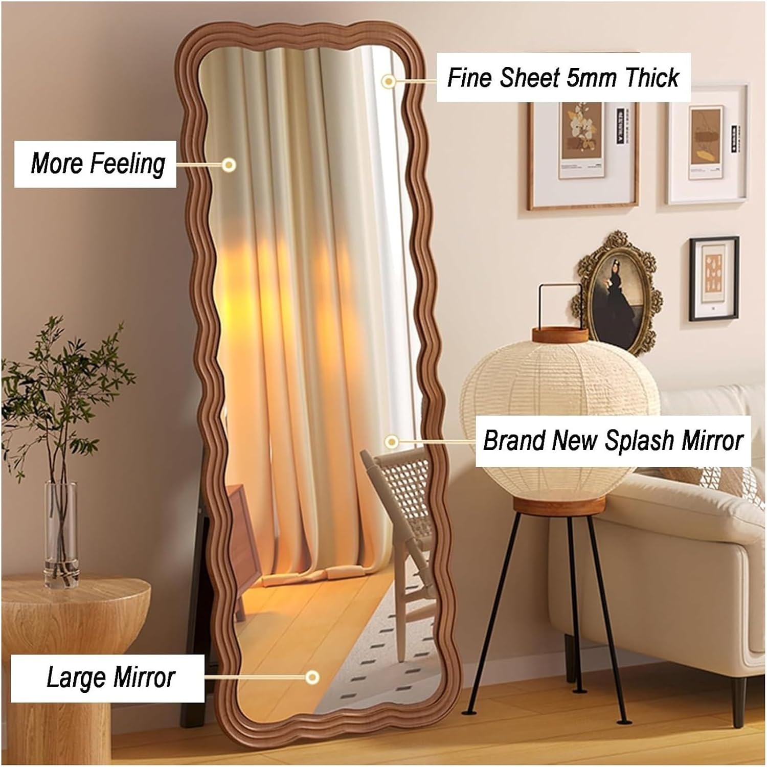 北欧レトロ 富士 花柄装飾 象嵌木製フレーム 大型ミラー 姿見 壁掛け