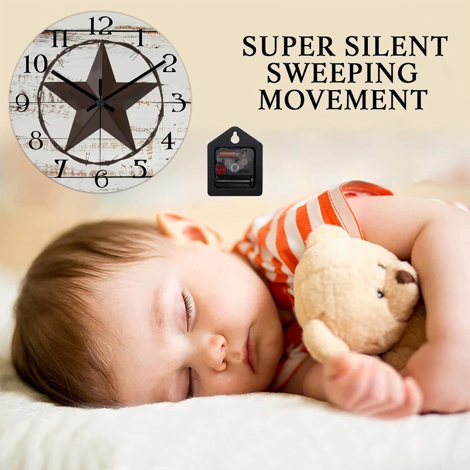 Round Farmhouse Wall Clock Western Texas Star Retro Style Wood Clock Silent Non-Ticking Battery Operated with Large Numbers Country Wall Hanging Desk Clock for Living Room Patio Patio 15 Inch