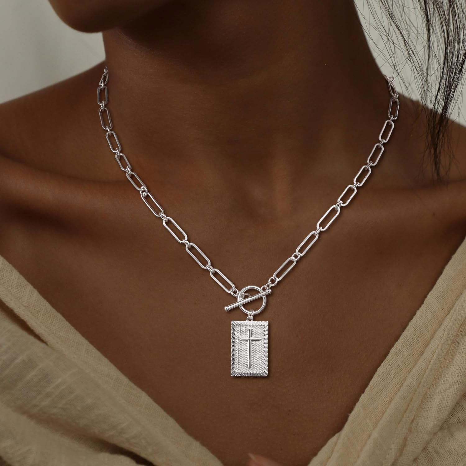 CHESKY Cross Necklace for Women Trendy, Dainty 14K Gold Plated Paperclip Charm Necklace for Womens Chunky Cross Pendant Necklace Gold Jewelry Religious Christian Gifts for Christians - Image 3